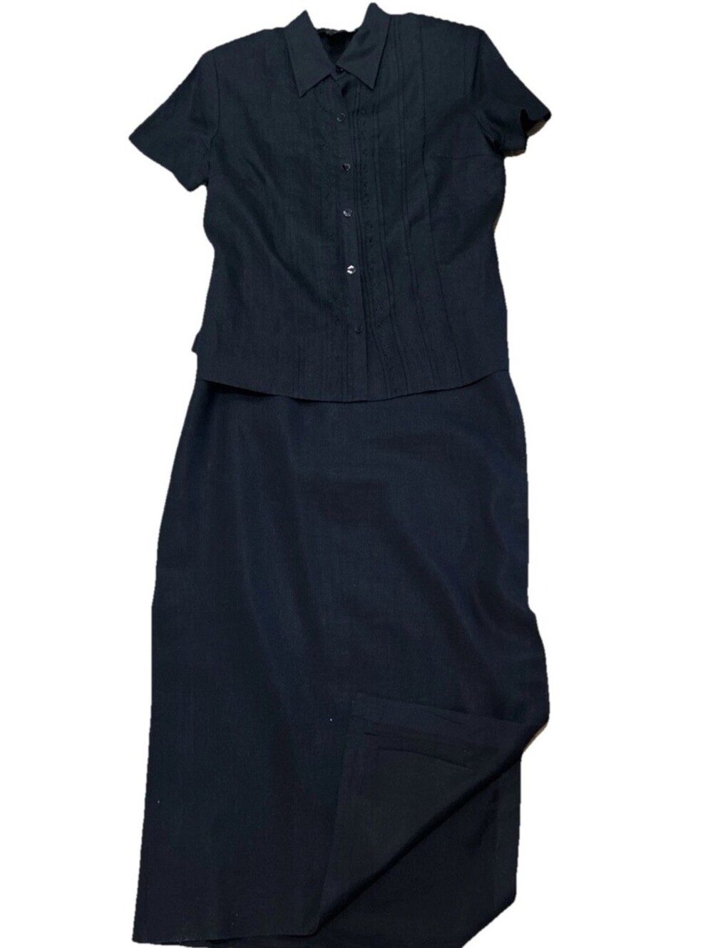 Due per Due Sz L Navy Linen Jacket Dress Maxi Side Slits Coastal Grandma Classic